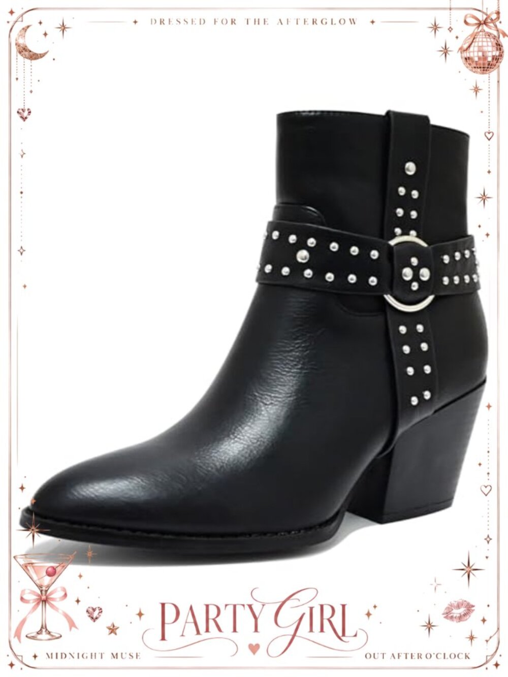 Pointed Toe Chunky Stacked Heel Ankle Boots Faux Leather Chelsea Booties